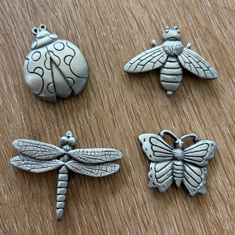Vintage Pewter Insect Magnets Set of 4 Ladybug Bee Dragonfly Butterfly